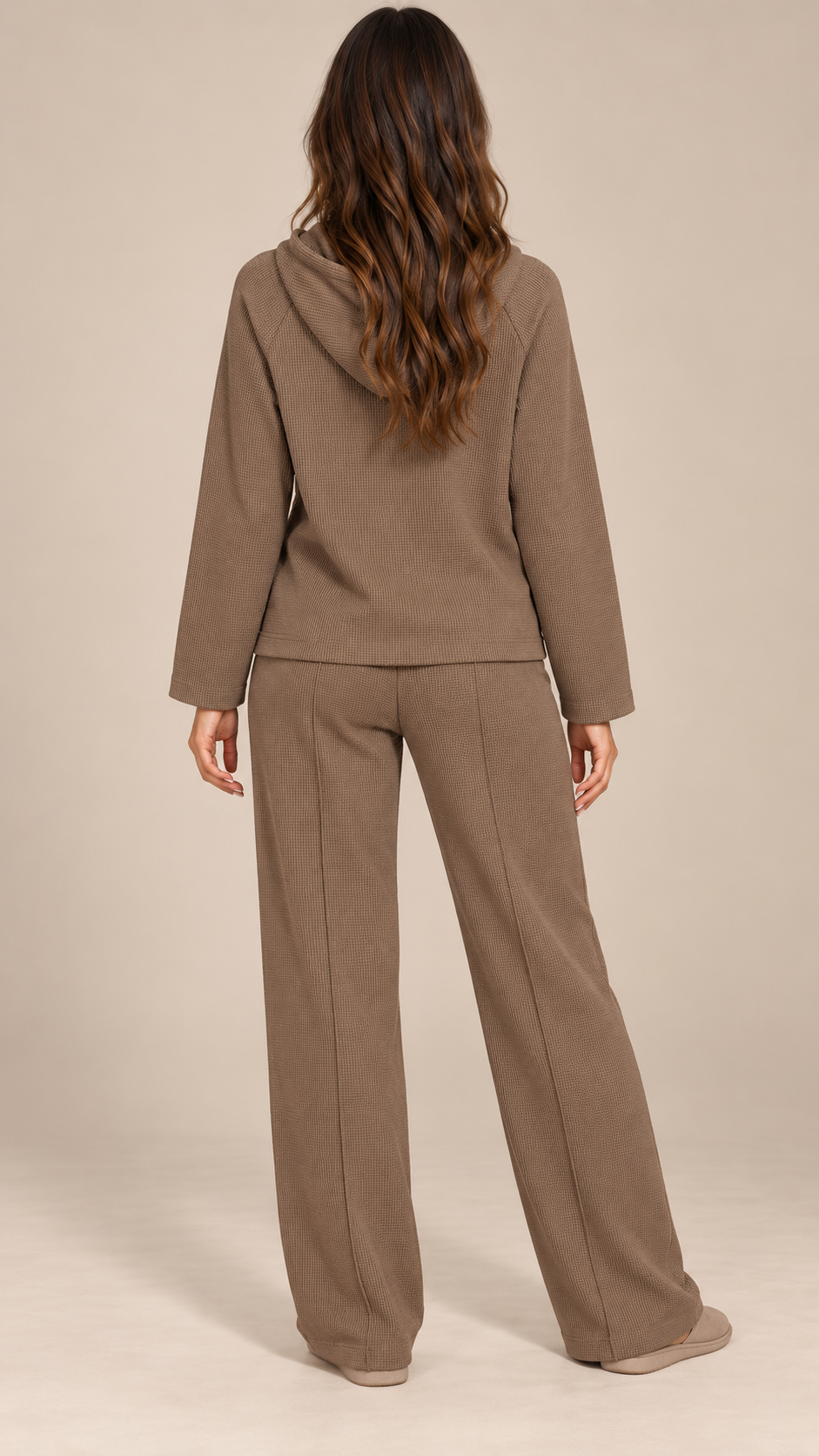 Mireya Waffle Hoodie Set — khaki model back