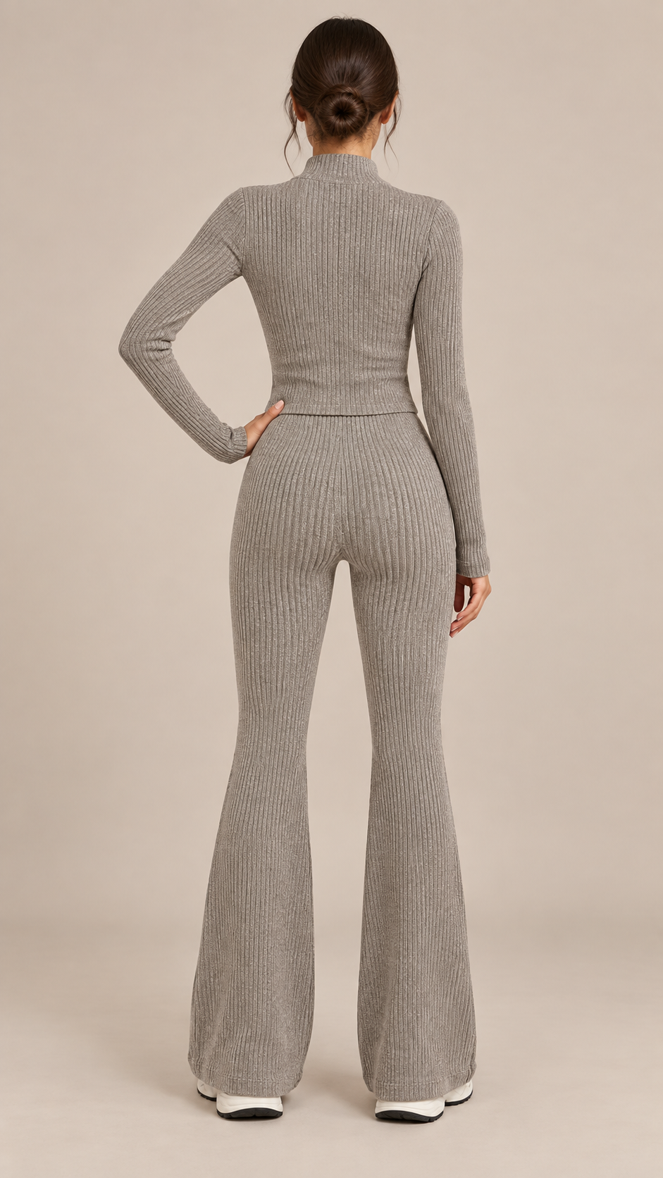 Nova Ribbed Flare Yoga Set — khaki model back