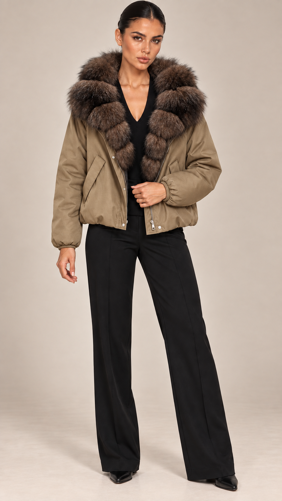 Seraphine Fur-Collar Puffer — khaki model front