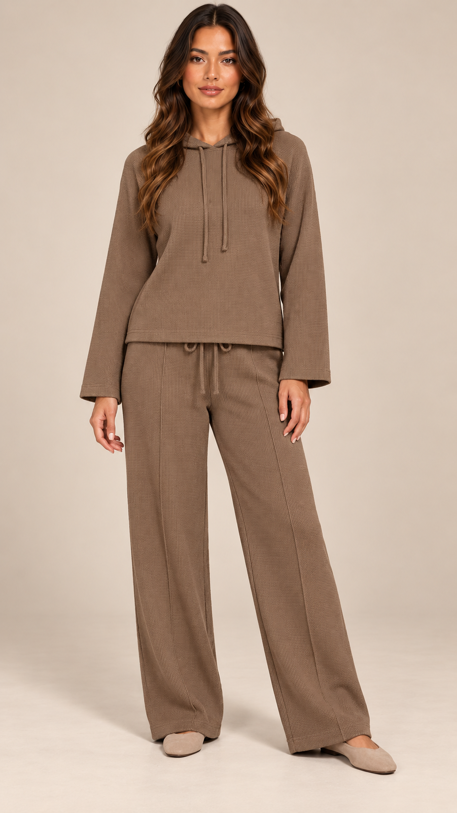 Mireya Waffle Hoodie Set — khaki model front