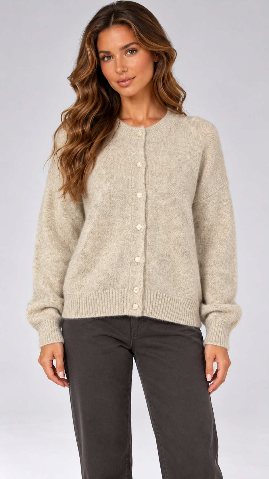 Celestine Shell-Button Cardigan — khaki model front