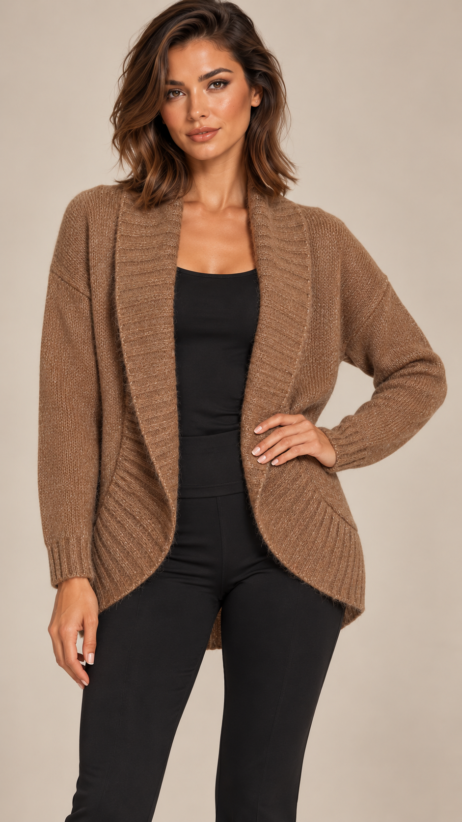 Tove Shawl-Collar Cardigan — khaki model front