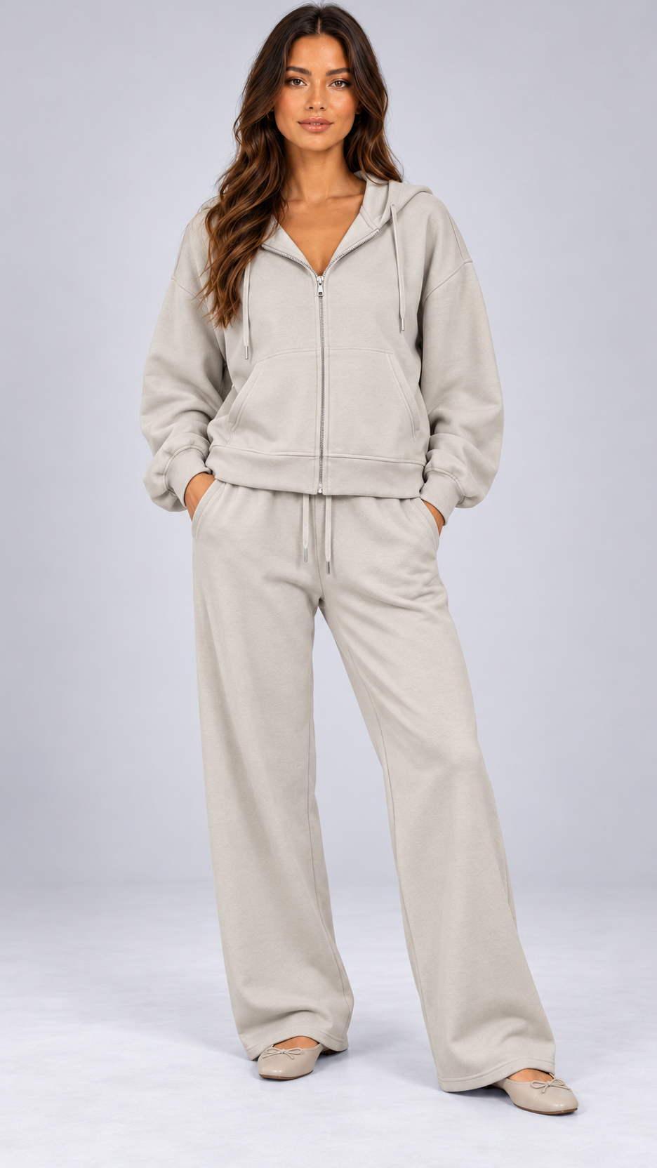 Rozalia Zip-Hoodie Set — khaki model front