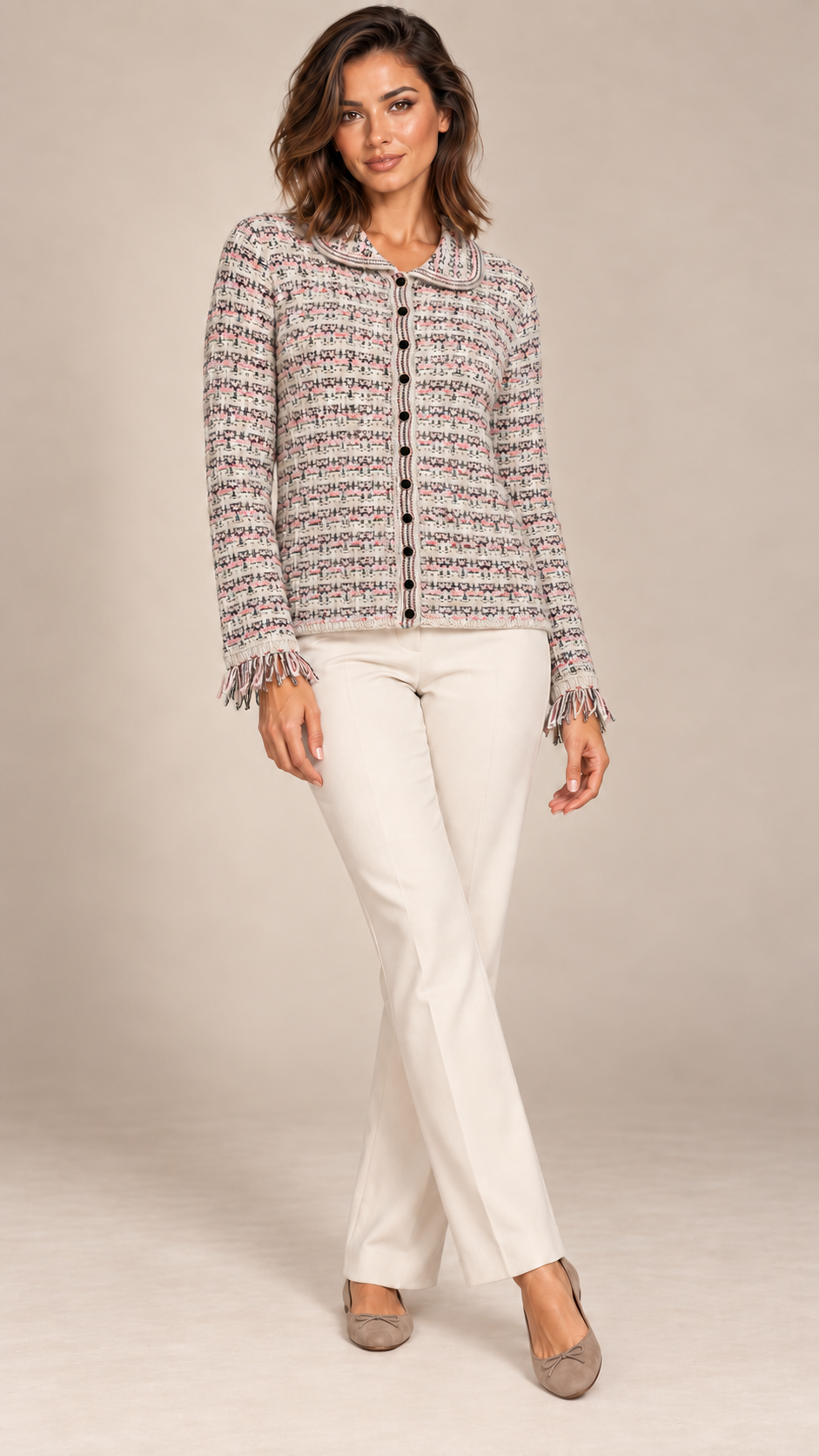 Marielle Fringed Cardigan — khaki model front