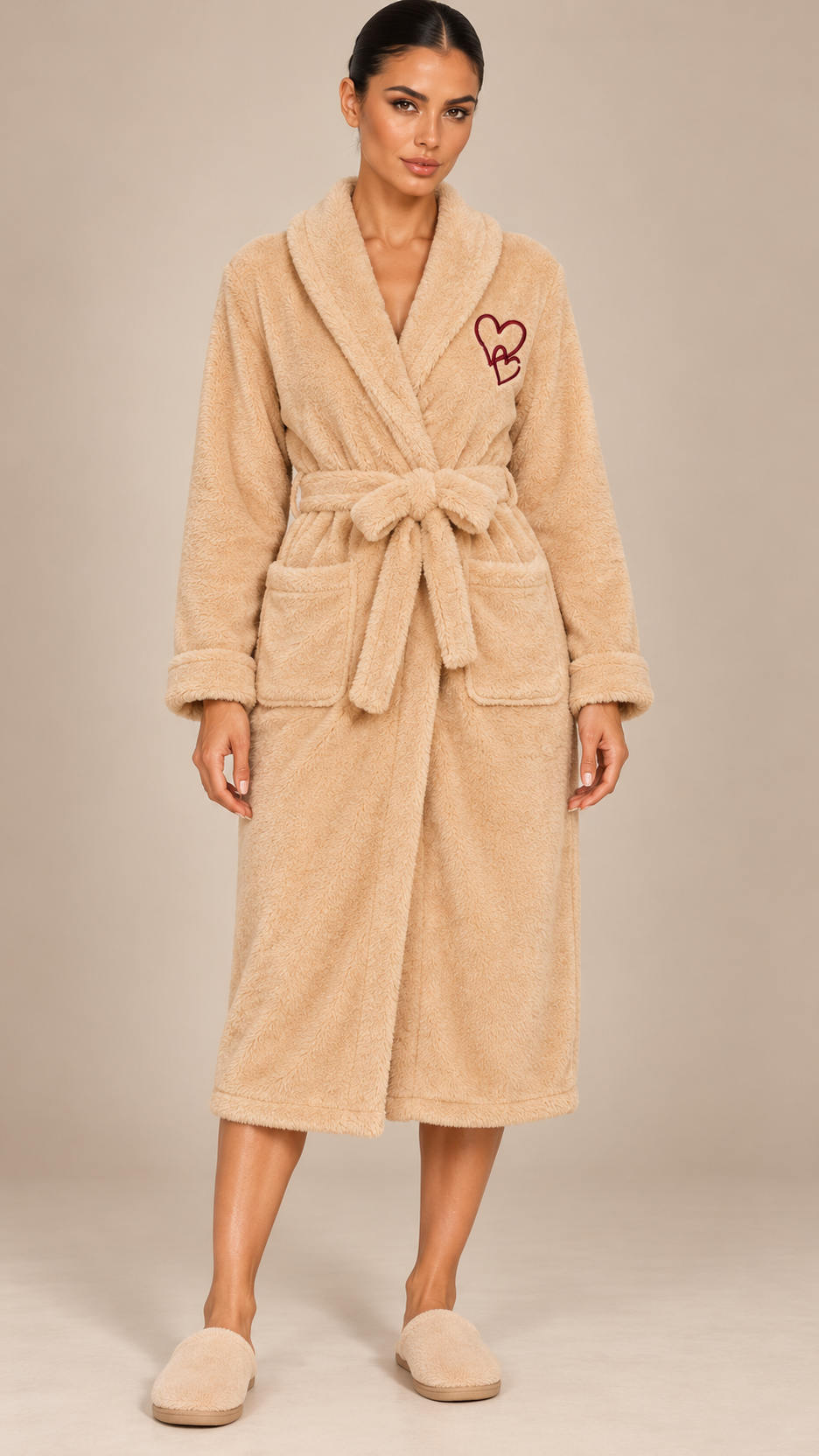 Clarabel Heart-Stitch Robe — khaki model front