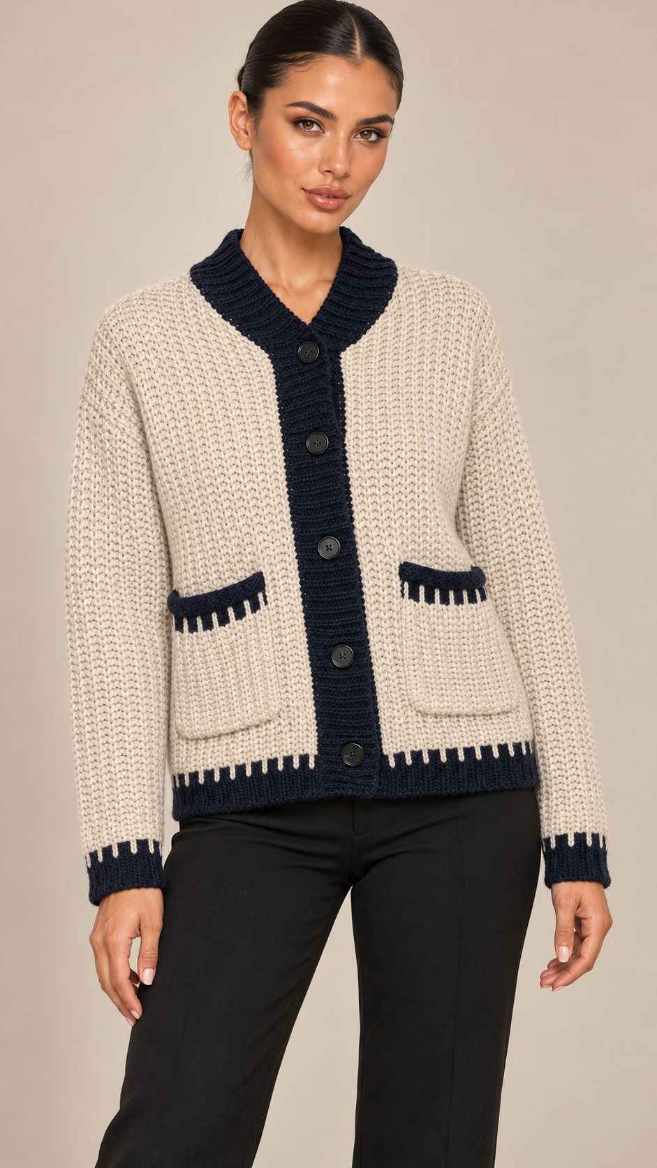Rosabel Blanket-Stitch Cardigan — khaki model front