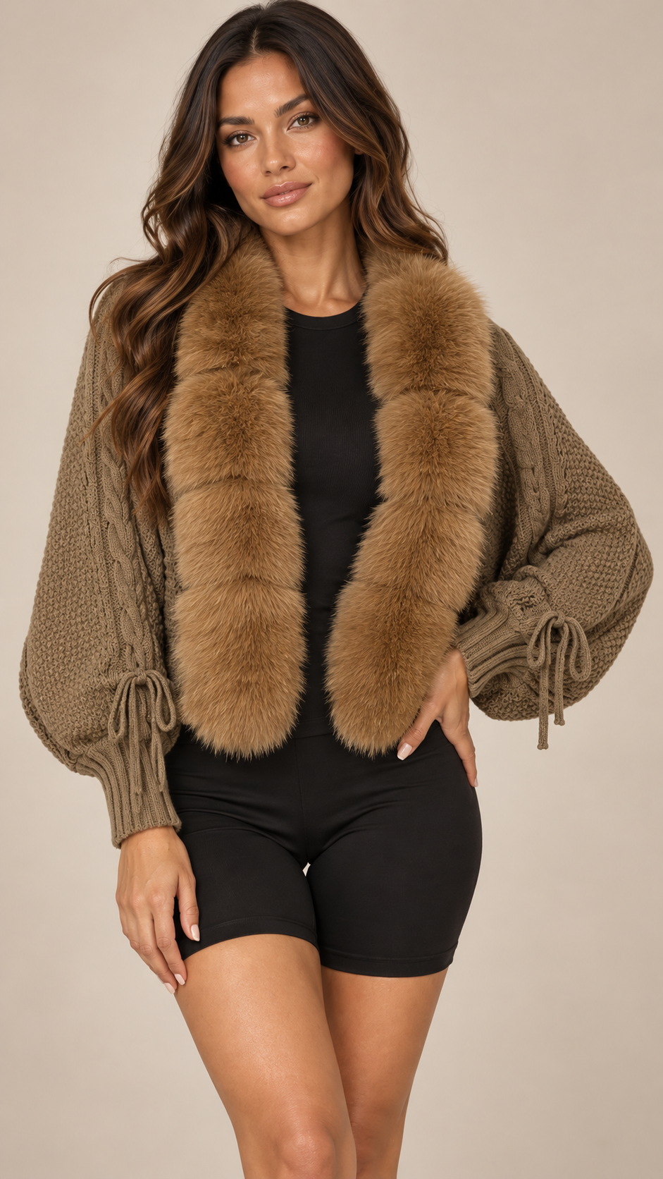 Rosanna Fox-Collar Cardigan — khaki model front