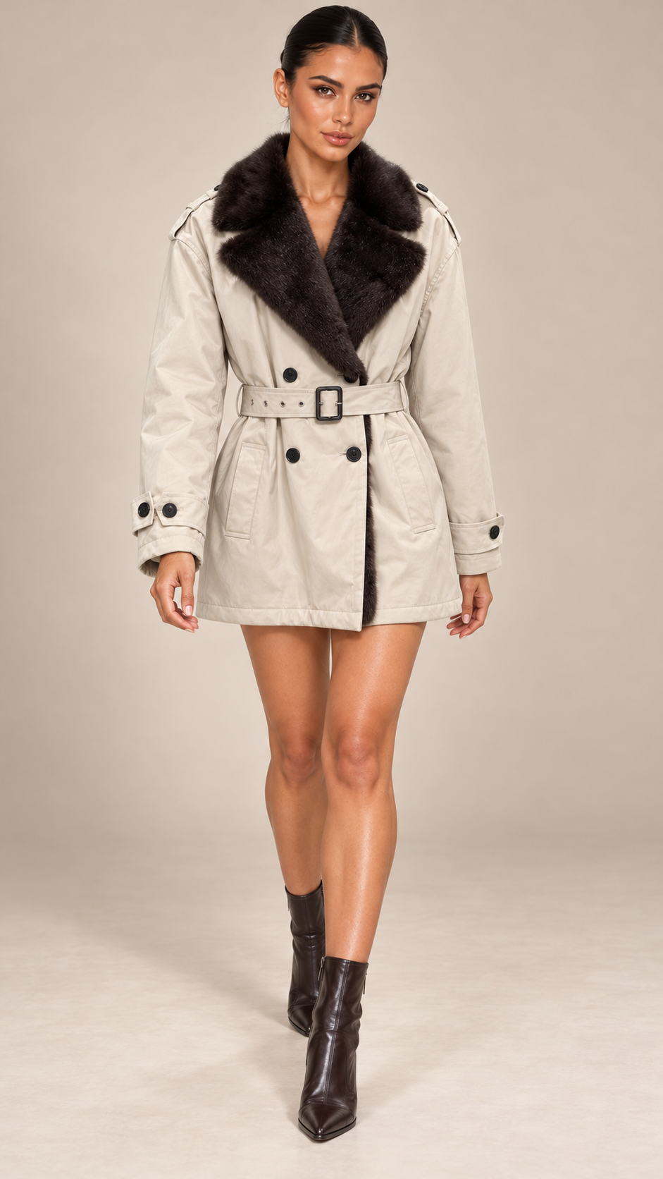 Brienne Mink-Lapel Trench — khaki model front