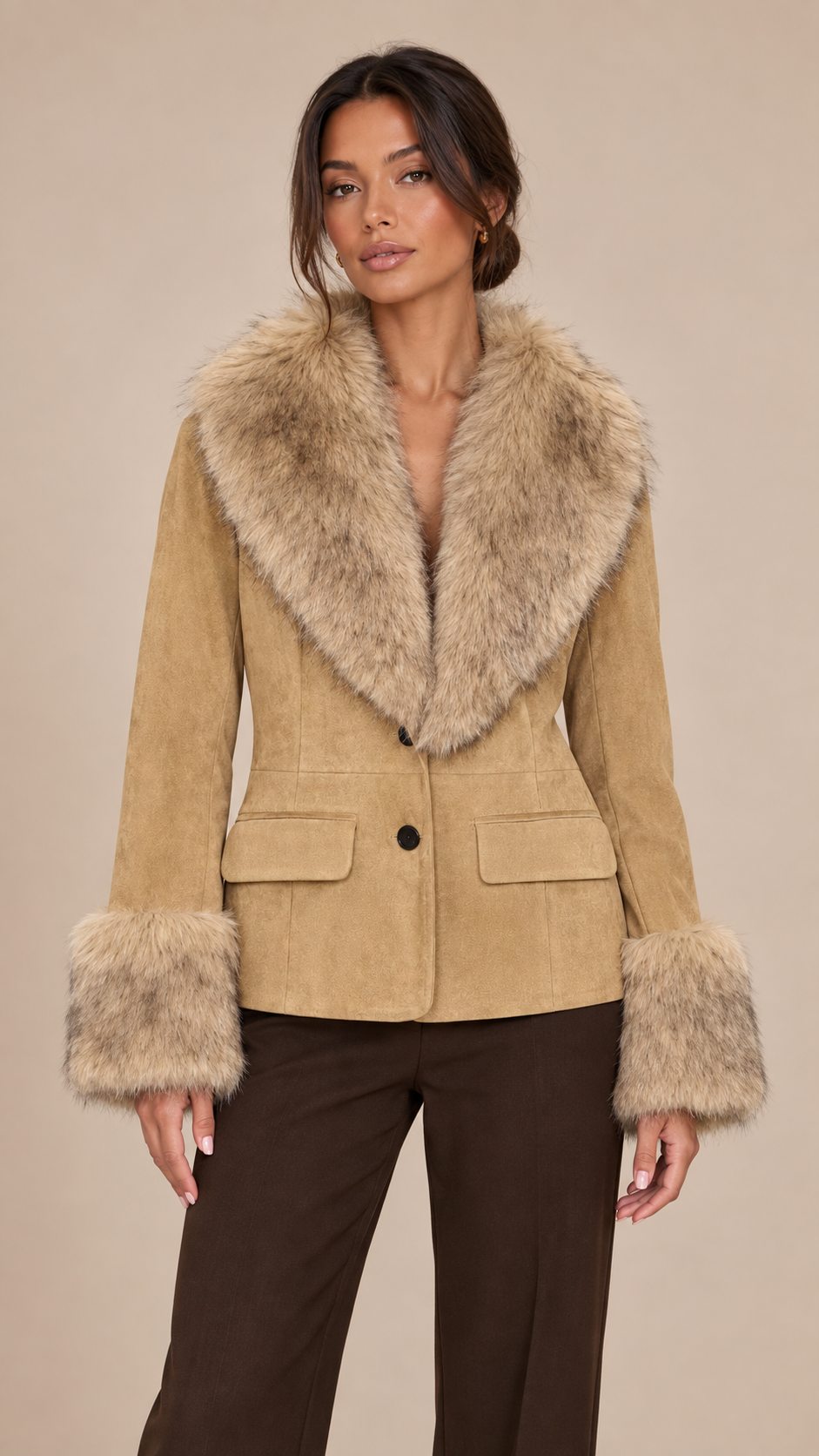 Ilaria Fur-Trim Jacket — khaki model front