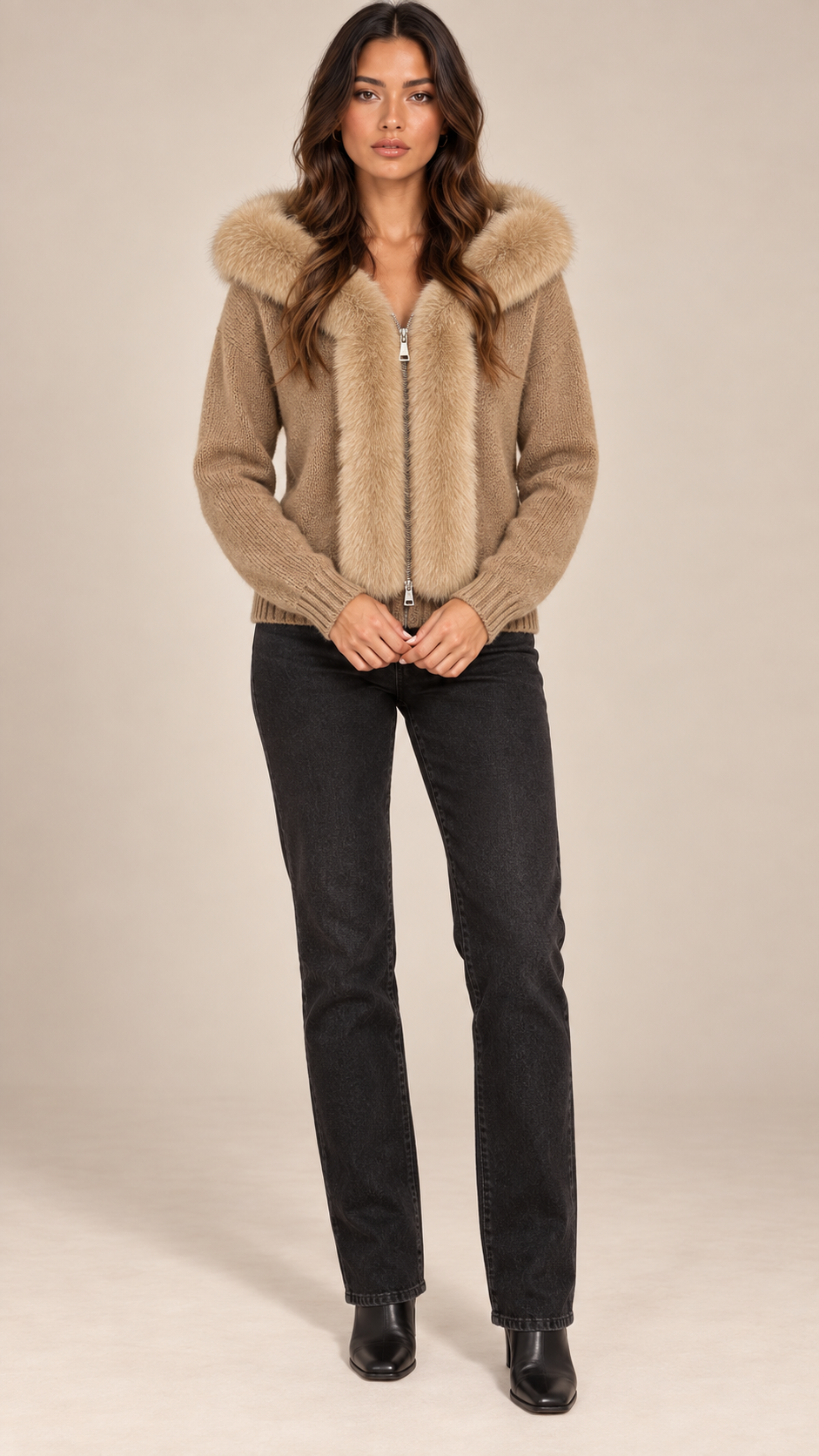 Sable Fox-Collar Cardigan — khaki model front