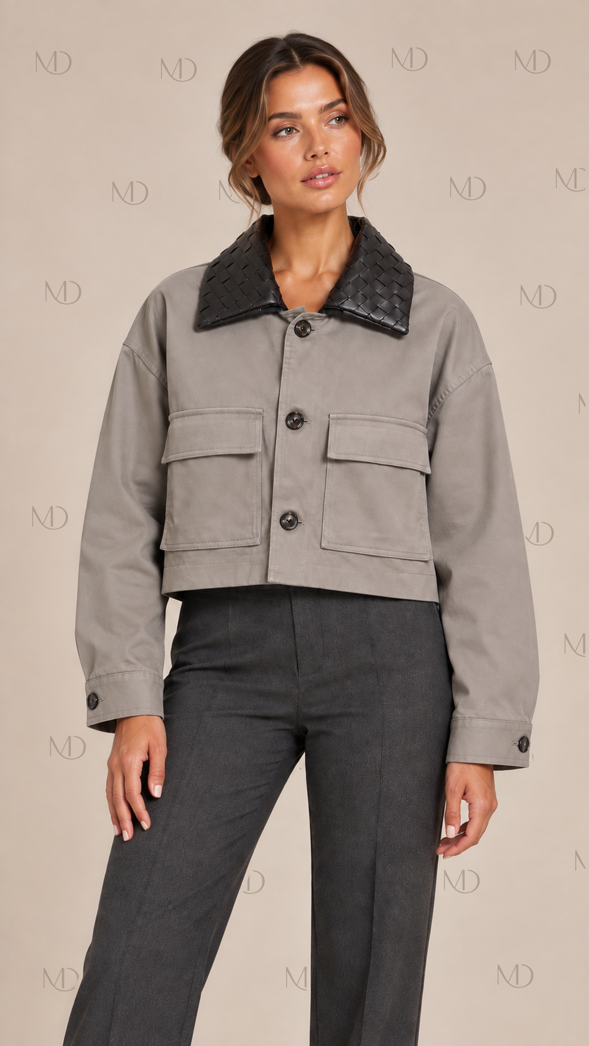 Wren Woven Collar Utility Jacket — khaki model front