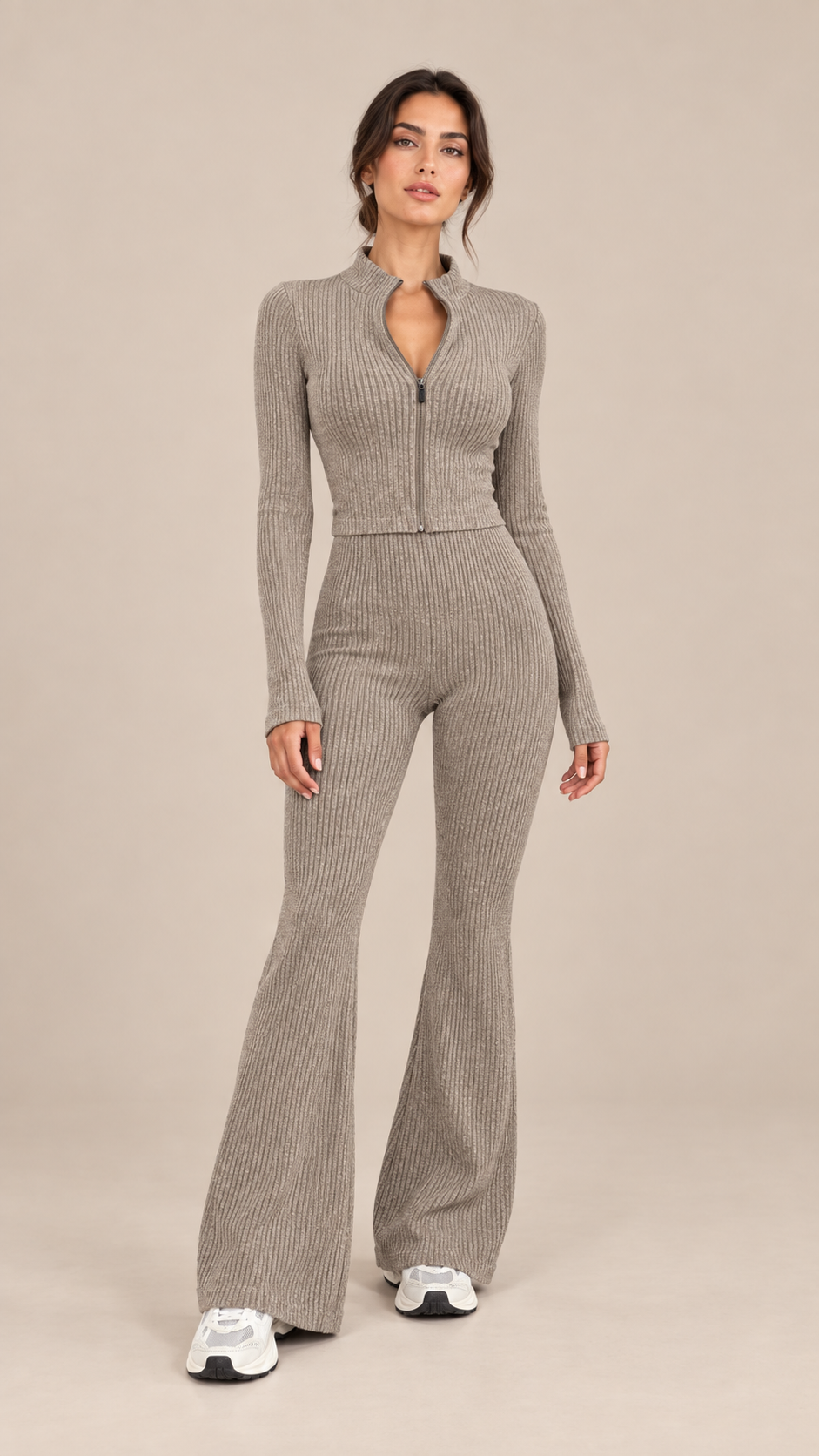 Nova Ribbed Flare Yoga Set — khaki model front