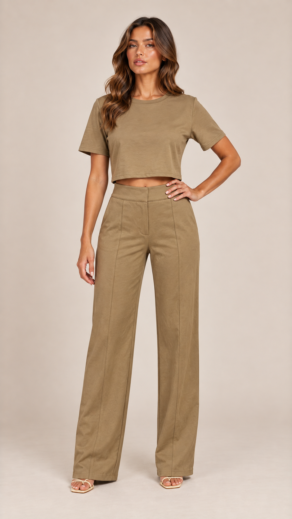 Noelle Cropped Tee Set — khaki model front