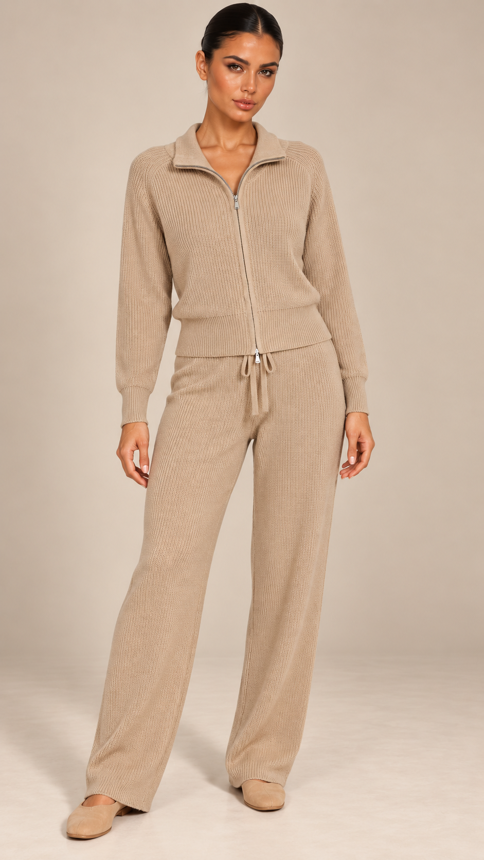 Brielle Zip-Collar Lounge Set — khaki model front