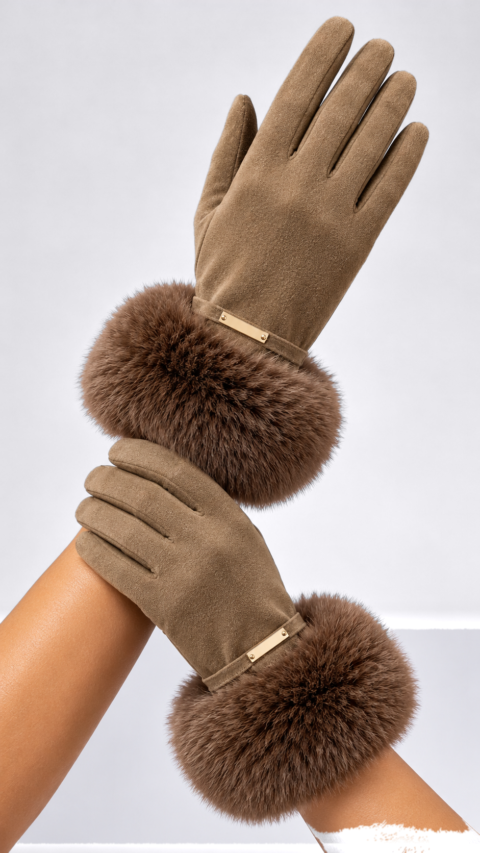 Albertine Plush-Cuff Gloves — khaki worn closeup
