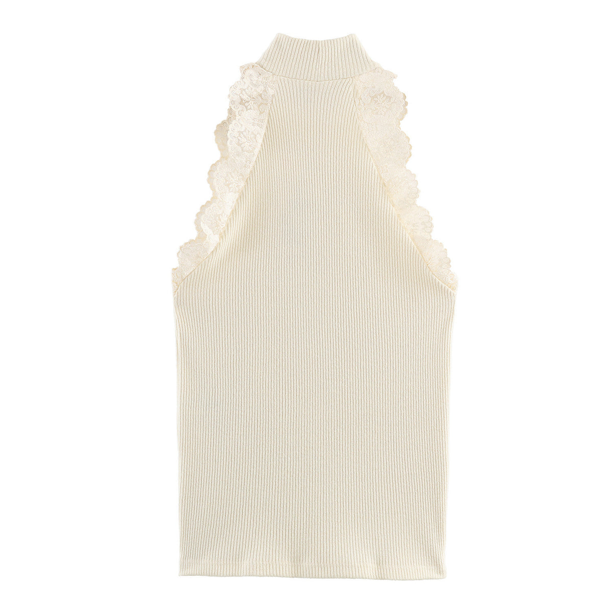 Lace Trim Rib Knit Halter Neck Top