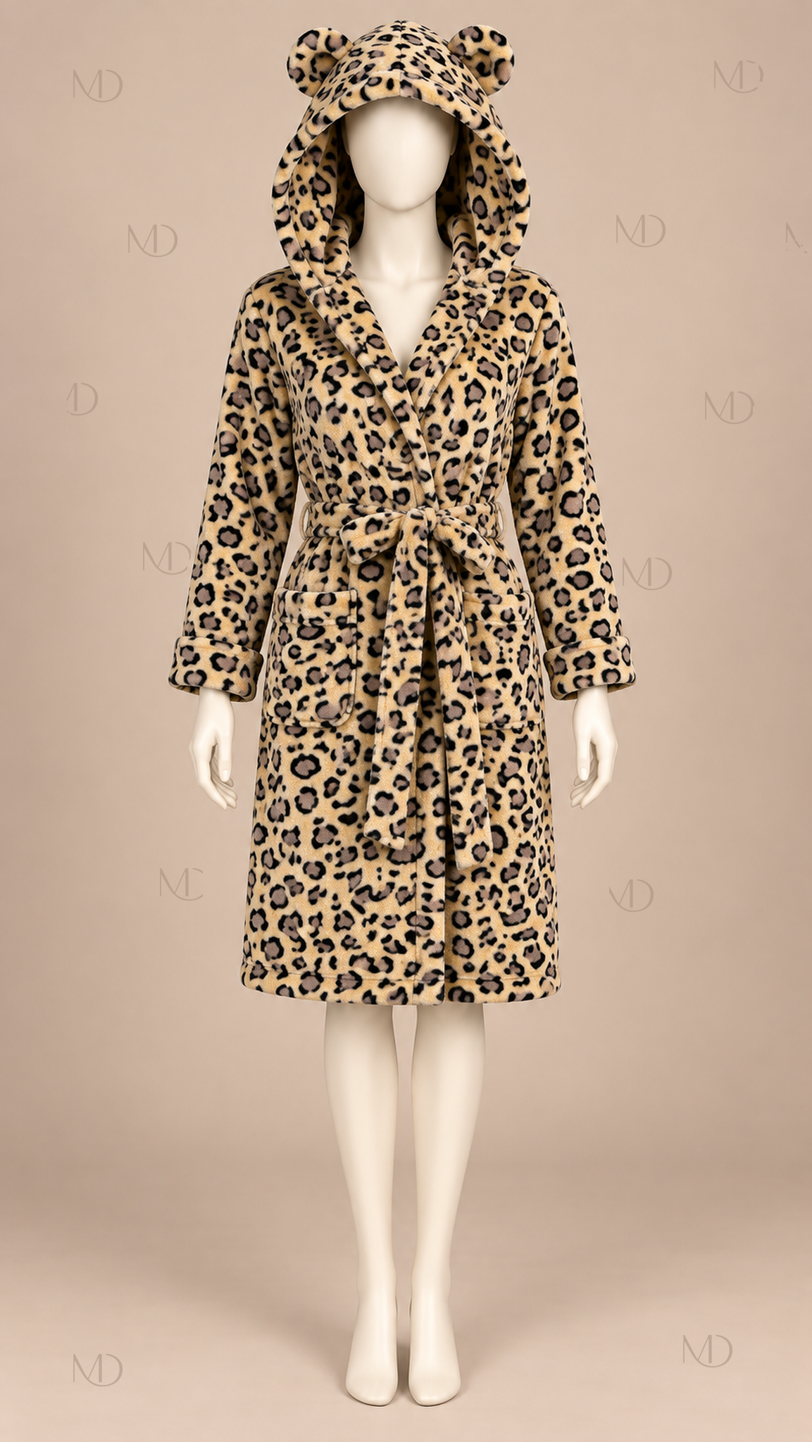 Leona Hooded Fleece Robe — Leopard mannequin front
