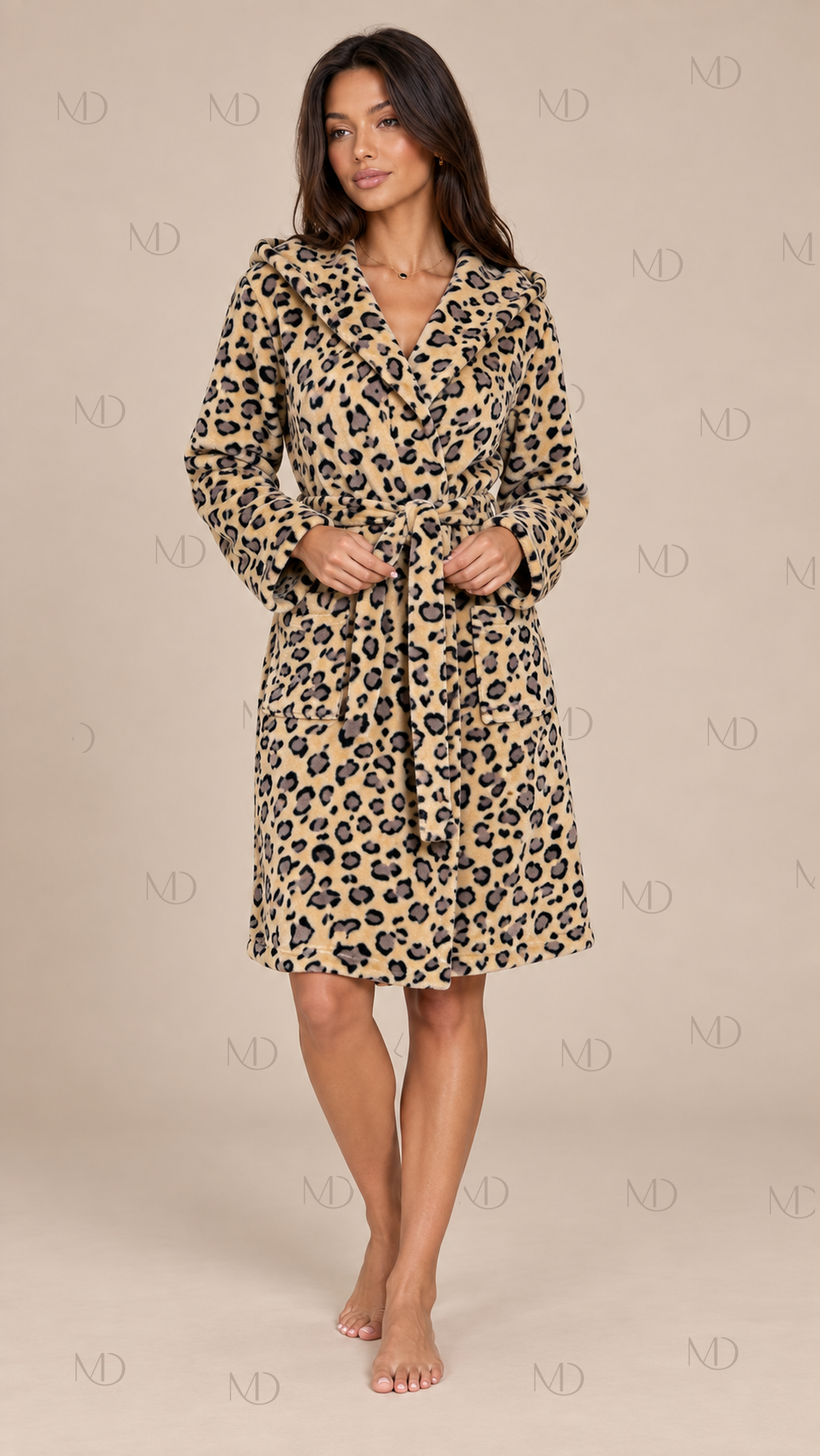 Leona Hooded Fleece Robe — Leopard model front