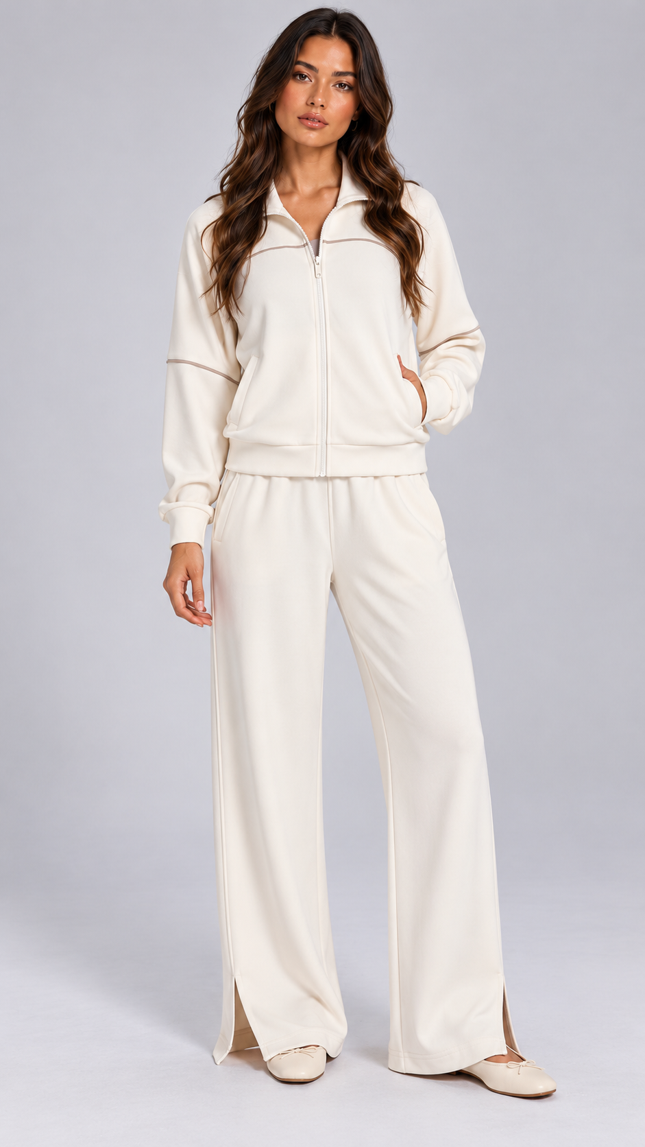 Henna Split-Hem Lounge Set — Light Beige model front