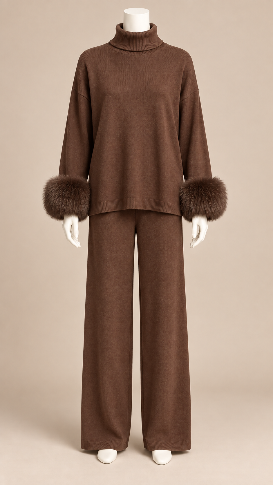 Noor Fur-Pom Knit Set — light brown mannequin front