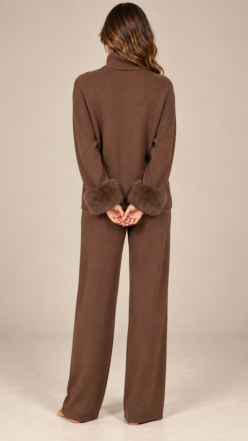 Noor Fur-Pom Knit Set — light brown model back