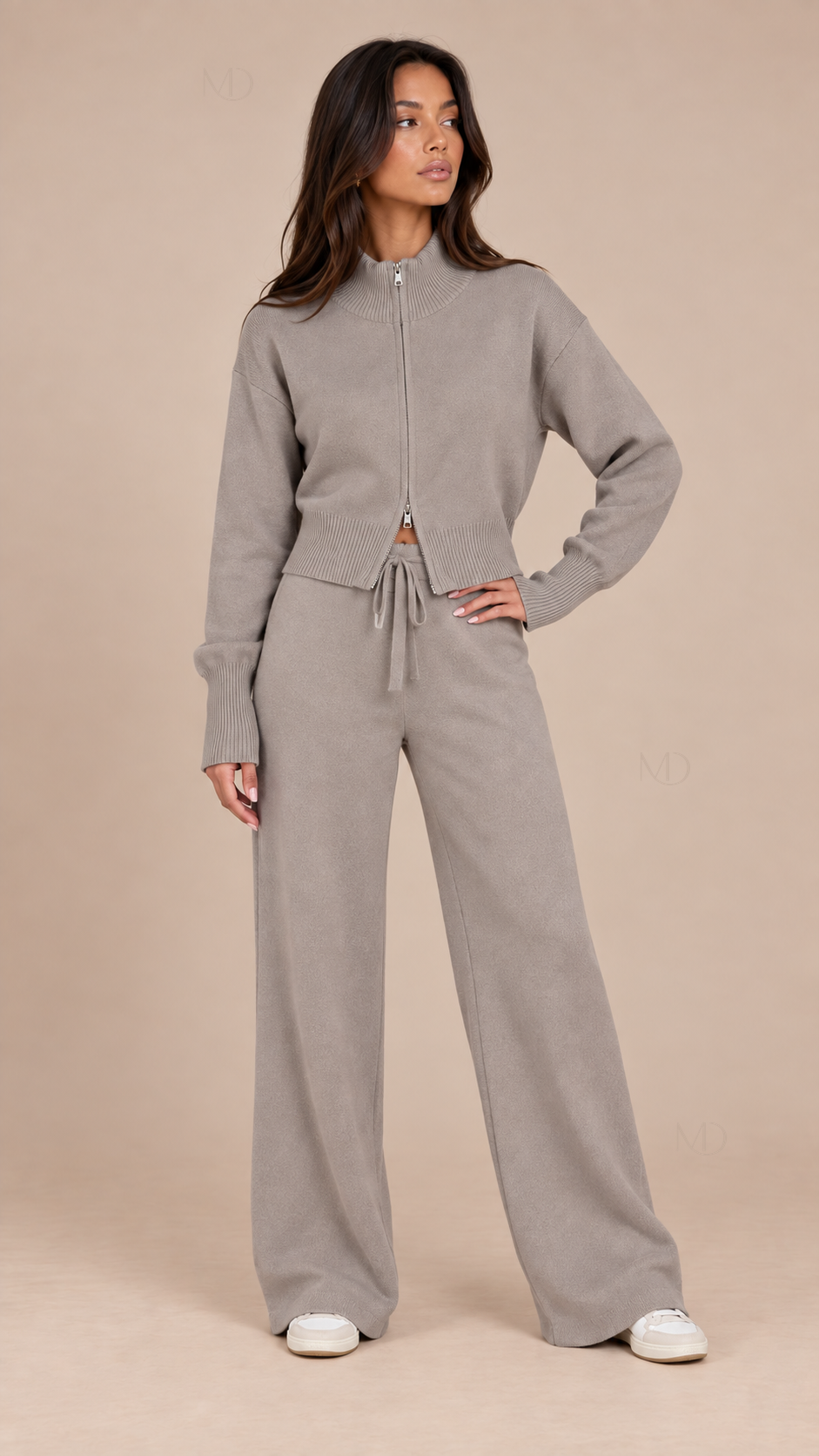 Sienna Double Zip Knit Set — light brown model front