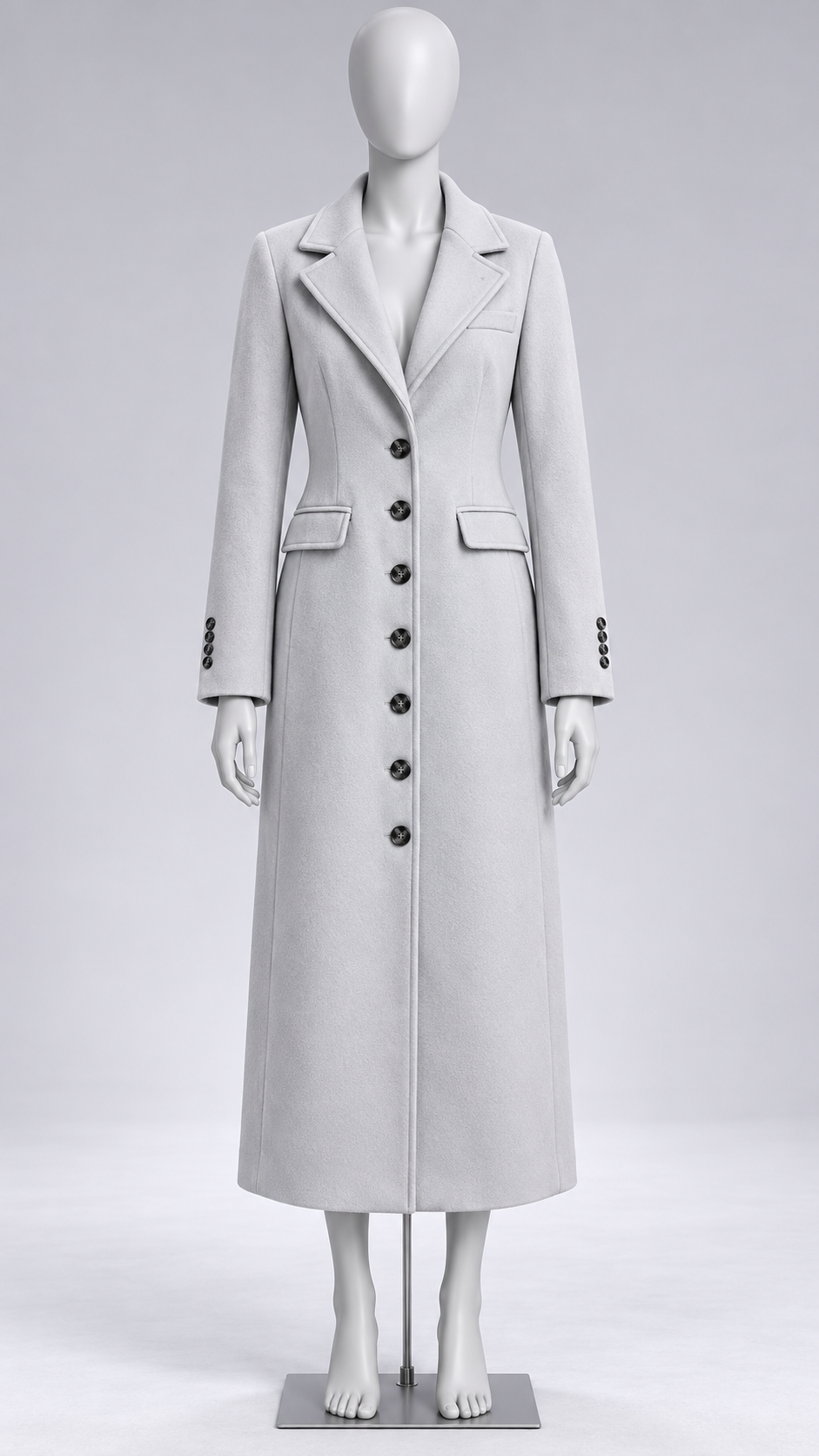 Ludovica Sculpted Long Coat — Light Gray Belted mannequin front