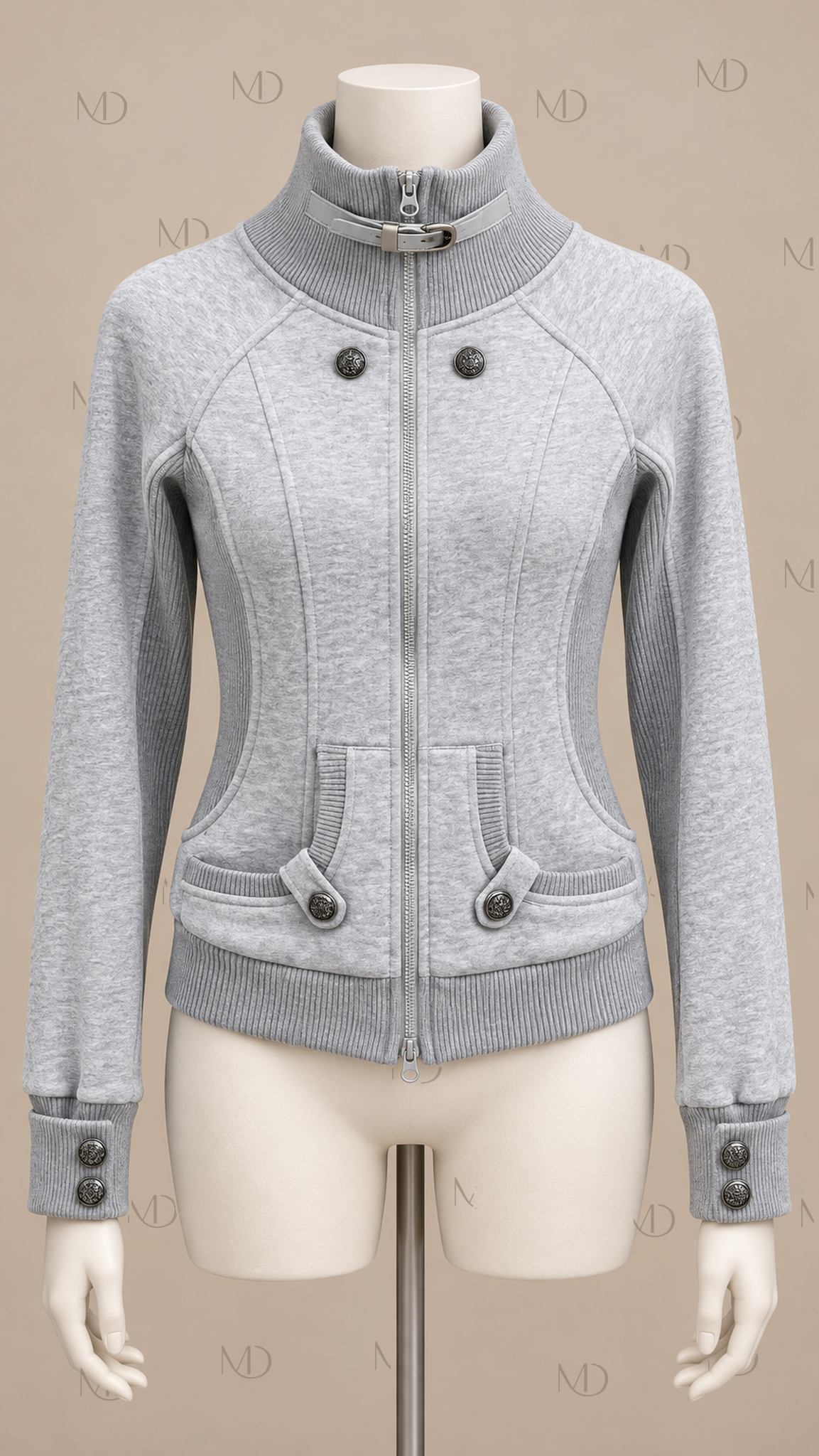 Yuzu Studded Fleece Zip Jacket — Light Gray mannequin front