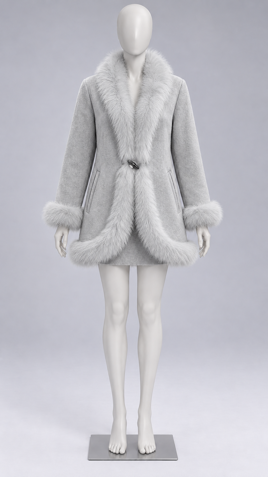 Sabine Fox-Cuff Wool Coat — Light Gray mannequin front