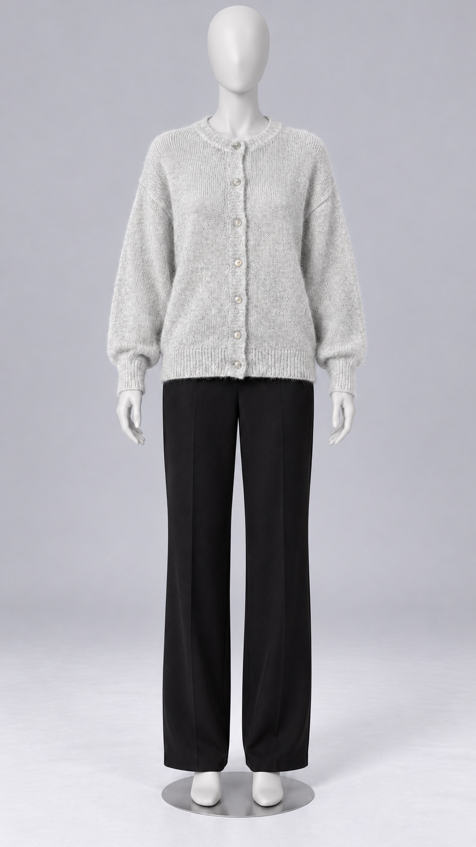 Celestine Shell-Button Cardigan — Light Gray mannequin front