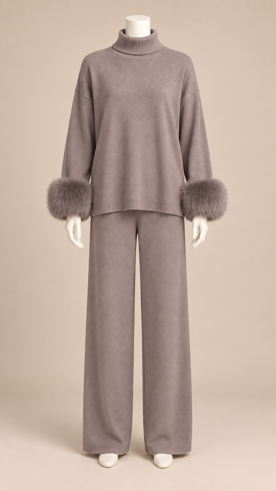 Noor Fur-Pom Knit Set — Light Gray mannequin front