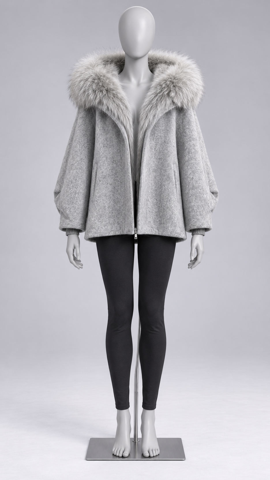 Marianne Raccoon-Hood Down Jacket — Light Gray mannequin front