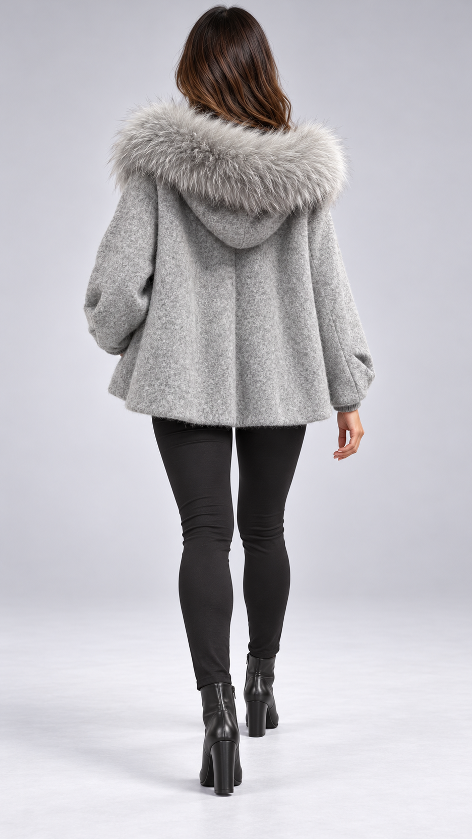Marianne Raccoon-Hood Down Jacket — Light Gray model back