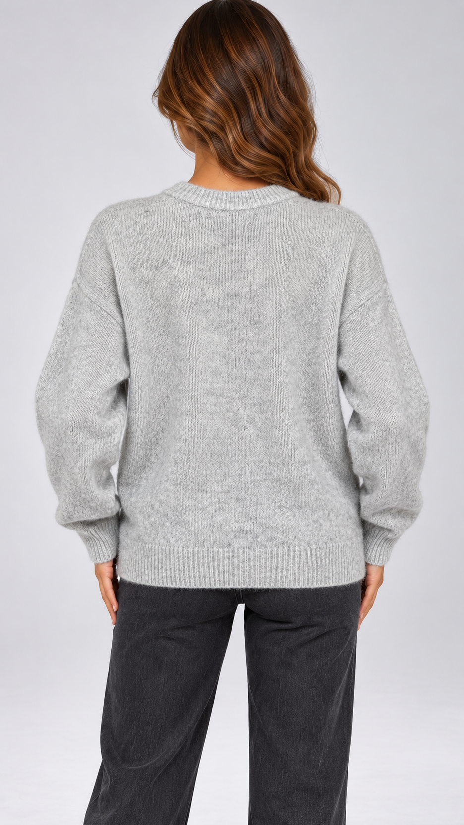 Celestine Shell-Button Cardigan — Light Gray model back