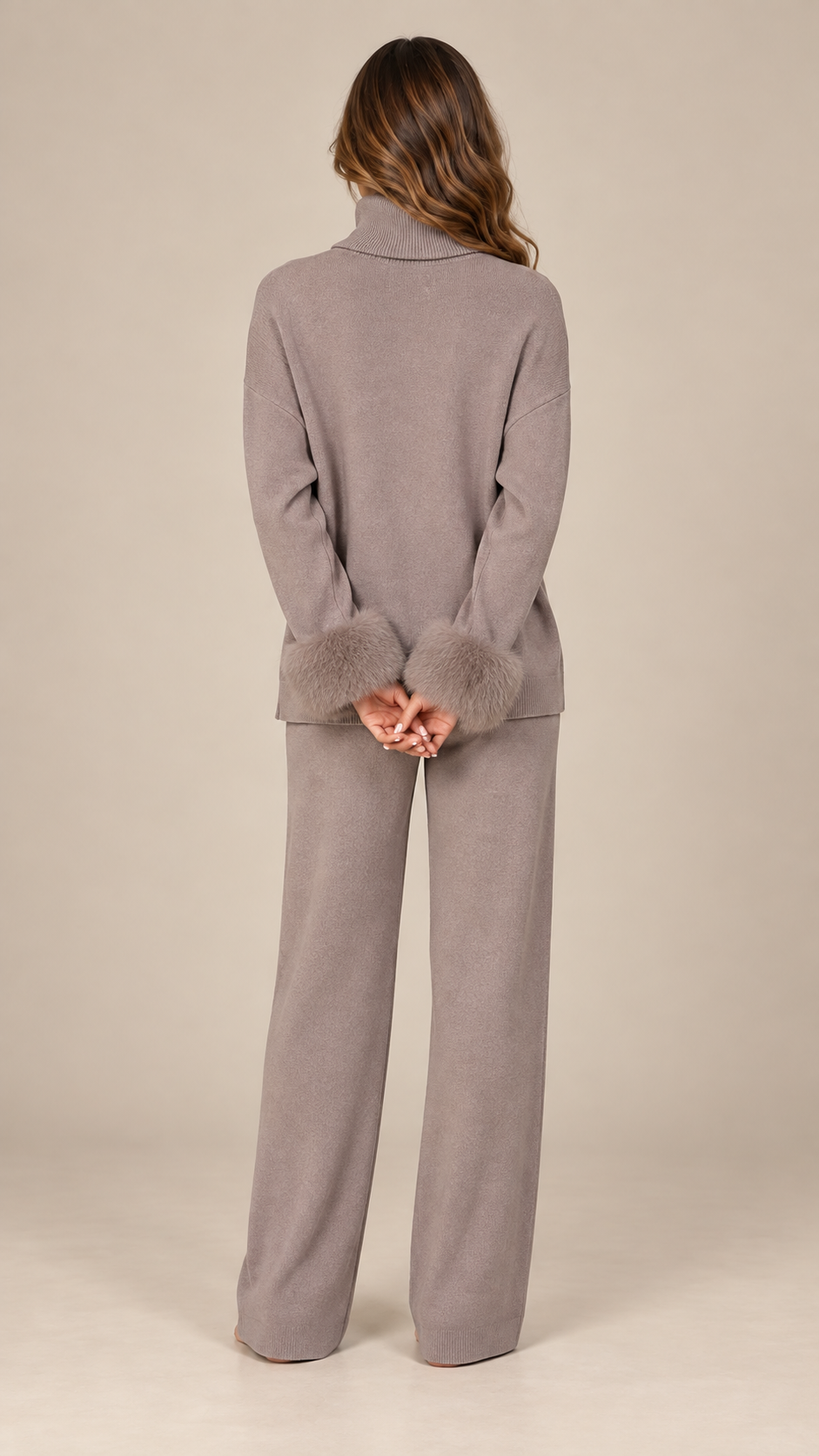Noor Fur-Pom Knit Set — Light Gray model back
