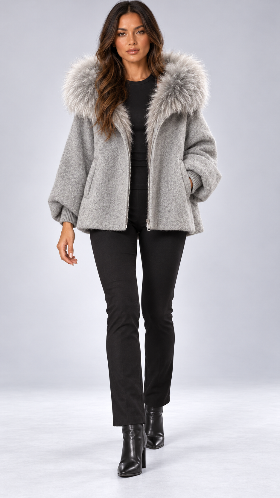 Marianne Raccoon-Hood Down Jacket — Light Gray model front