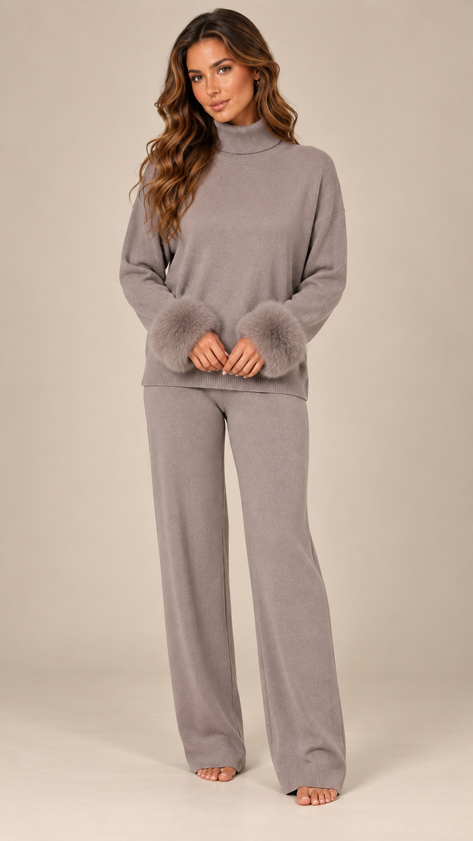 Noor Fur-Pom Knit Set — Light Gray model front