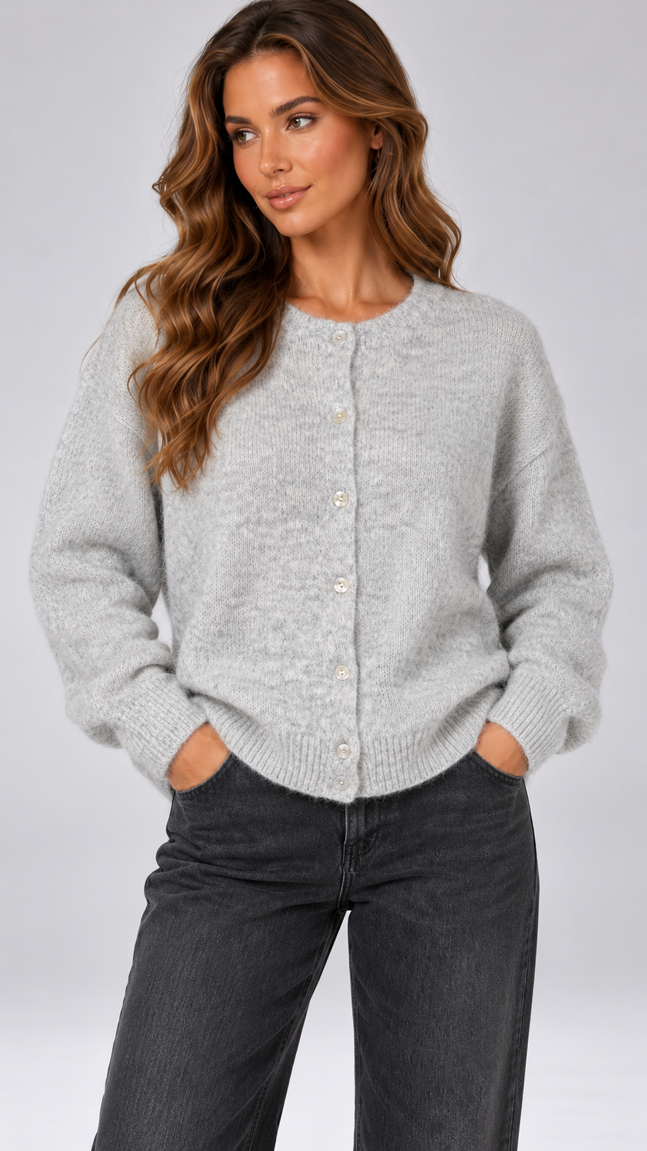Celestine Shell-Button Cardigan — Light Gray model front