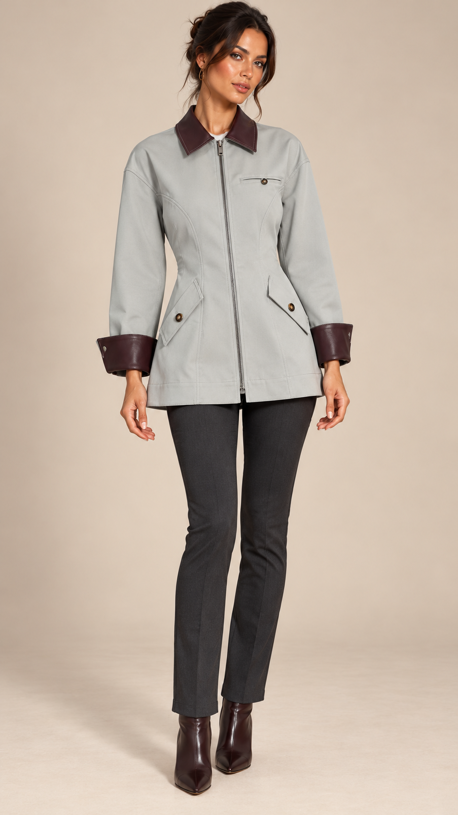 Ottilie Contrast-Collar Jacket — Light Gray model front