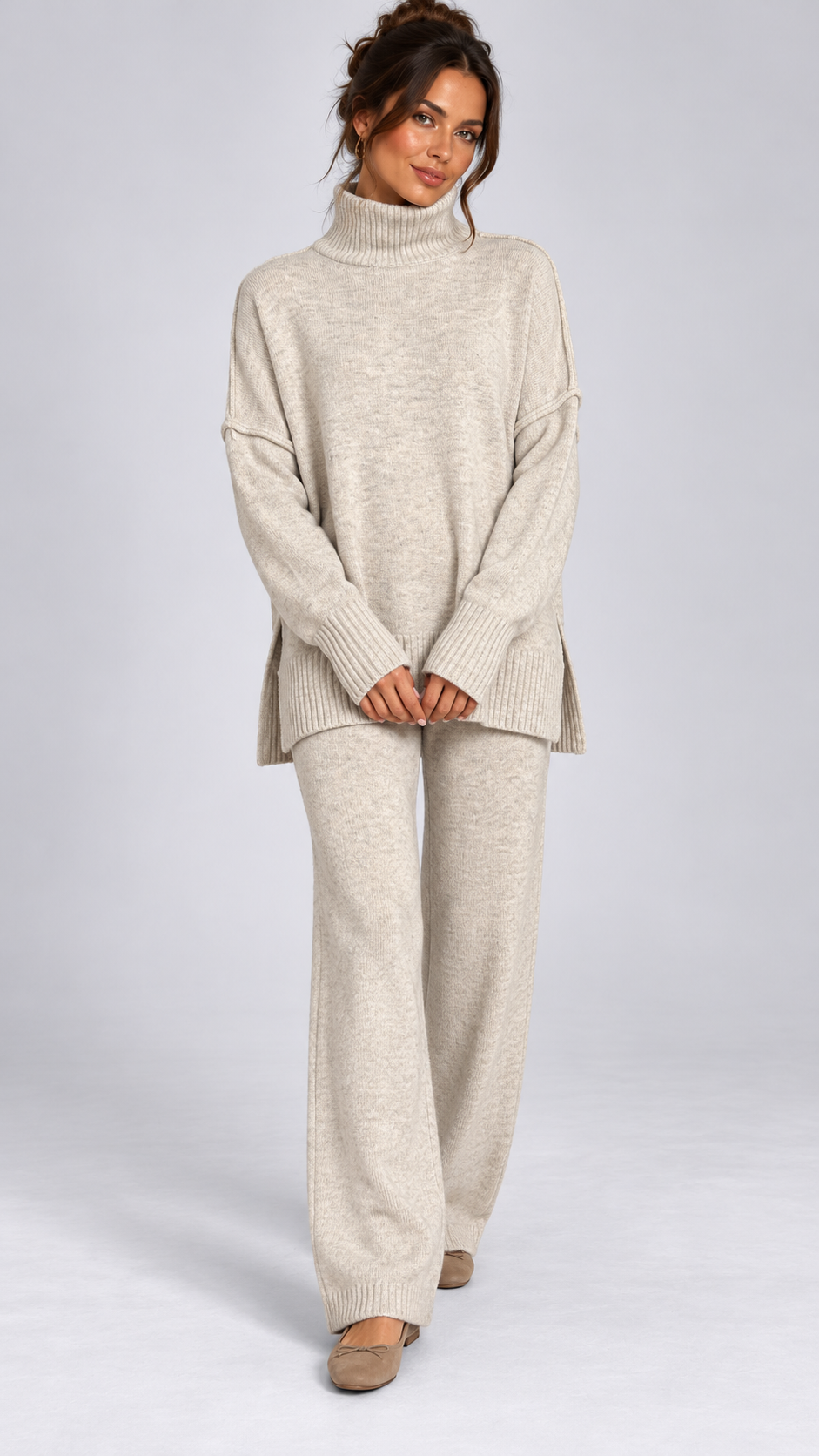 Iolanthe Split-Hem Knit Set — Light Khaki model front