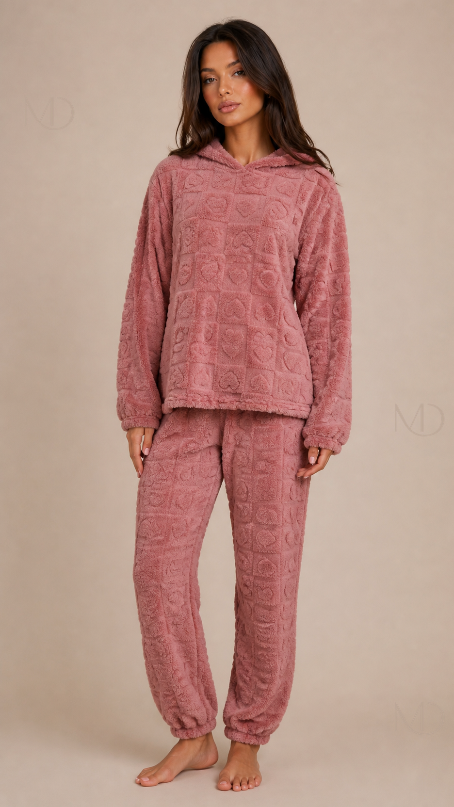 Bijou Heart Hooded Pyjamas — dusty rose 01 model