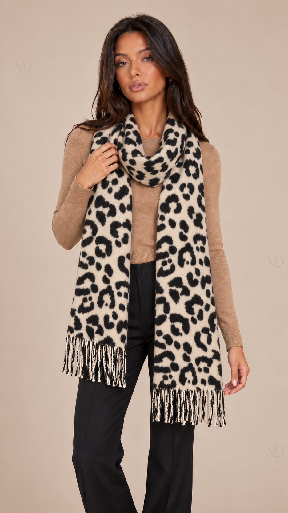 Isolde Leopard Cashmere Scarf - beige-01-model