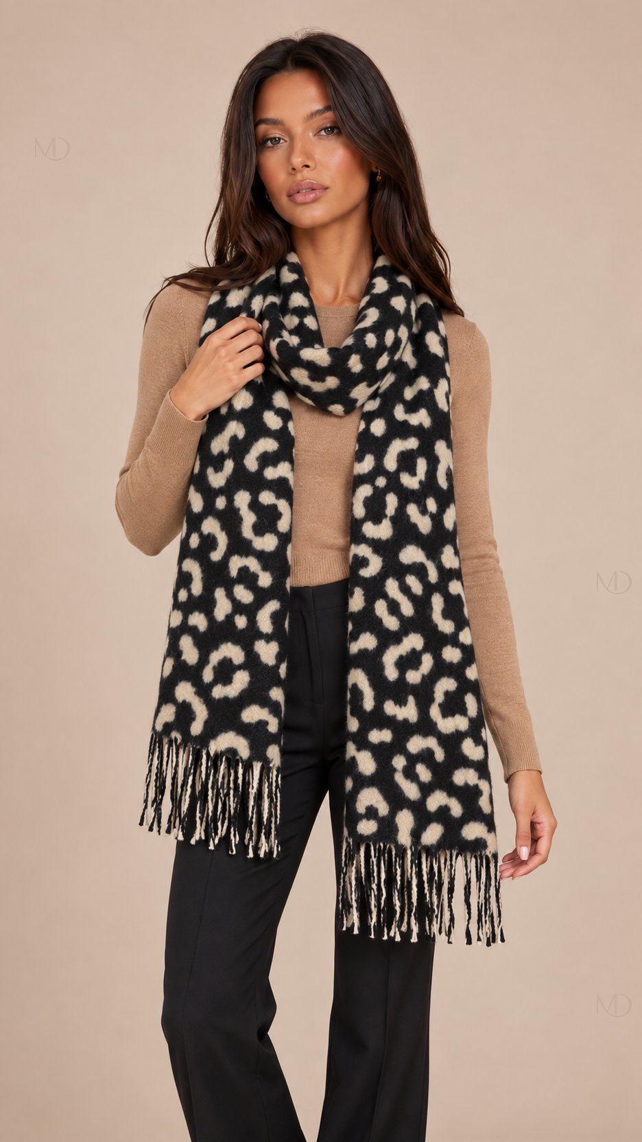 Isolde Leopard Cashmere Scarf - black-01-model