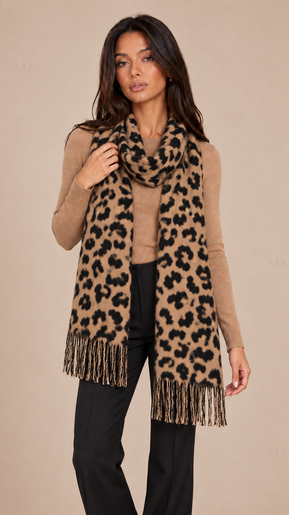 Isolde Leopard Cashmere Scarf - camel-01-model
