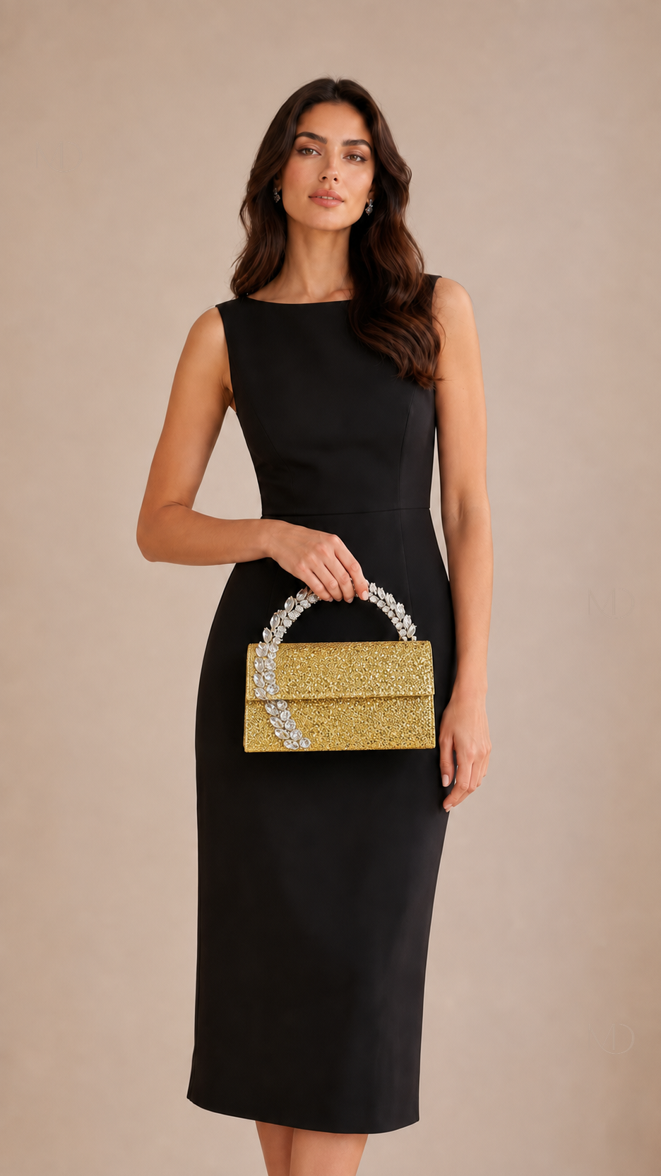 Astrid Crystal Evening Bag gold sequin held by model