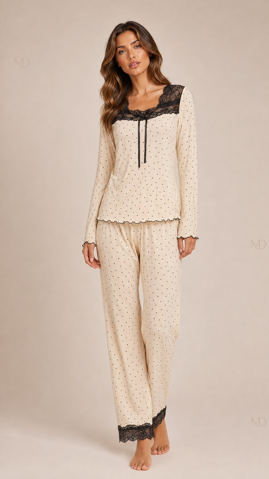 Lumi Polka Dot Pajama Set — apricot 01 model
