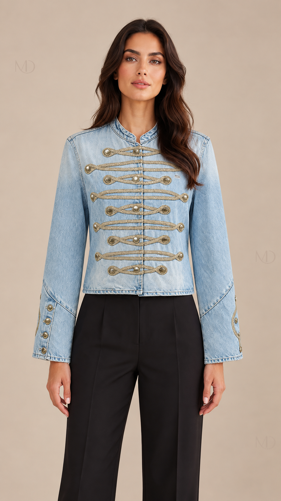 Odette Braided Denim Jacket — blue model front