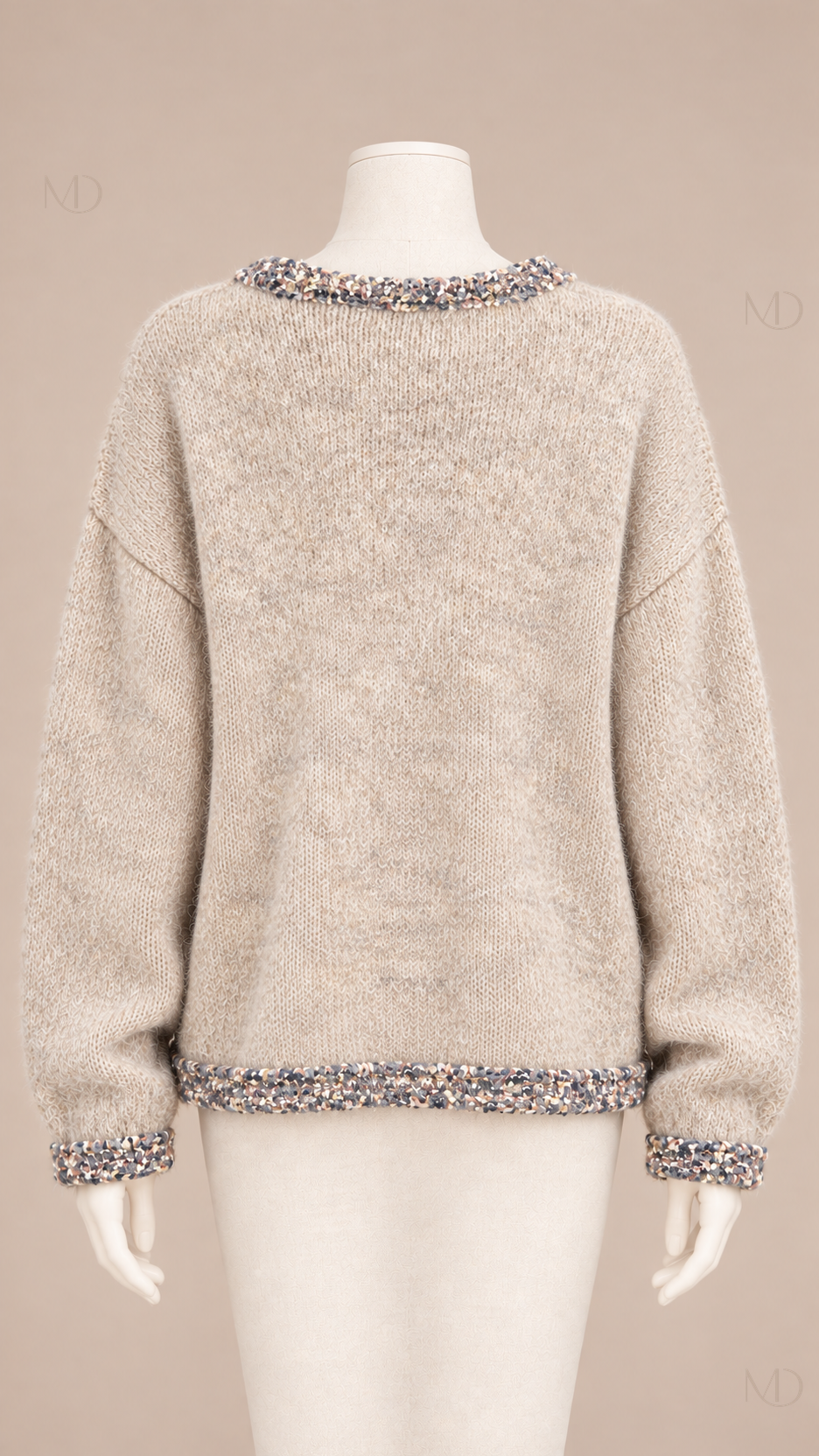 Wren Tweed-Trim Knit Sweater — beige mannequin back
