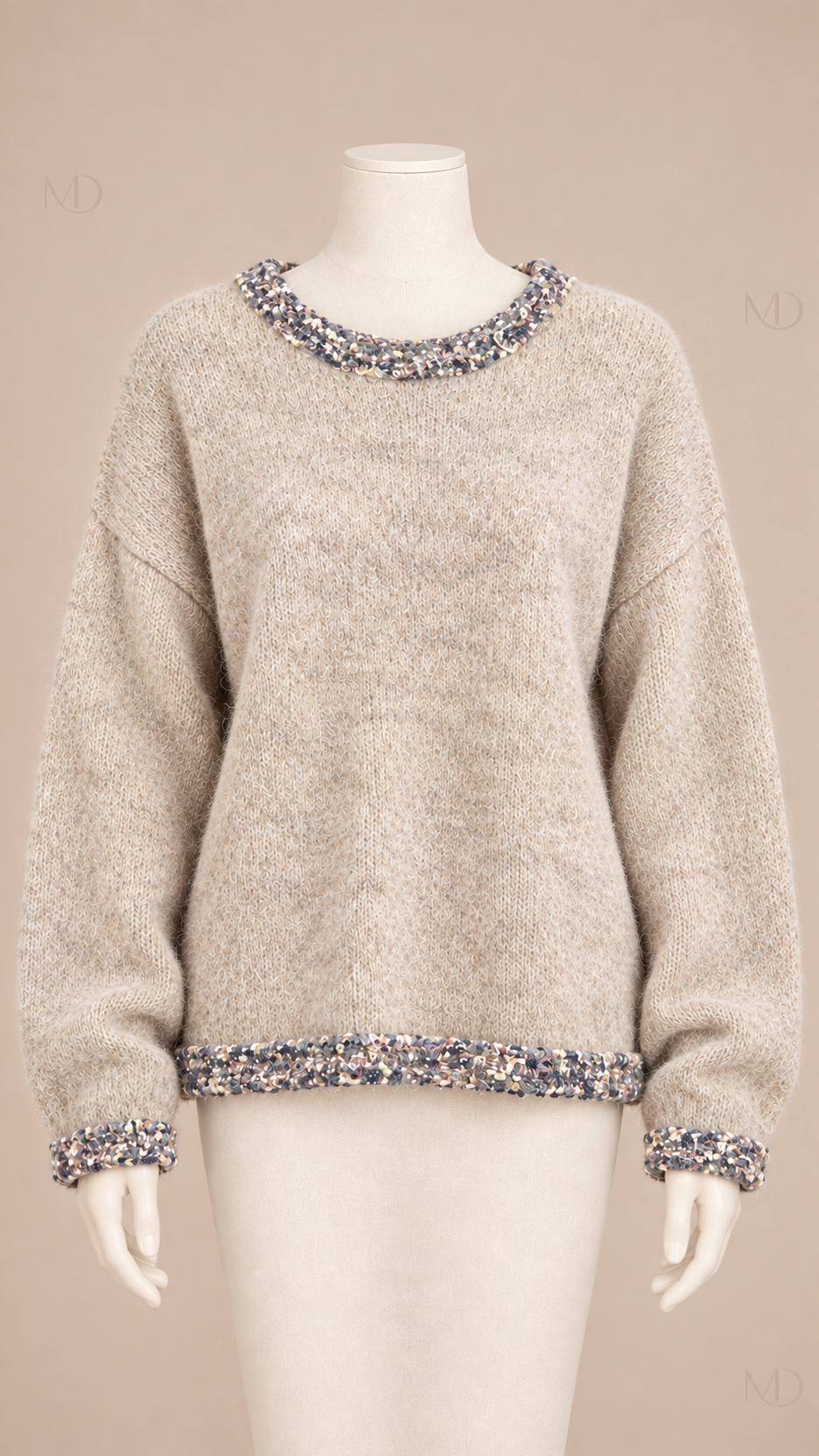 Wren Tweed-Trim Knit Sweater — beige mannequin front