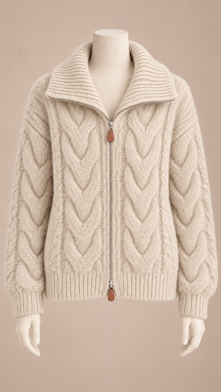 Sienna Cable Knit Zip Jacket — apricot mannequin front